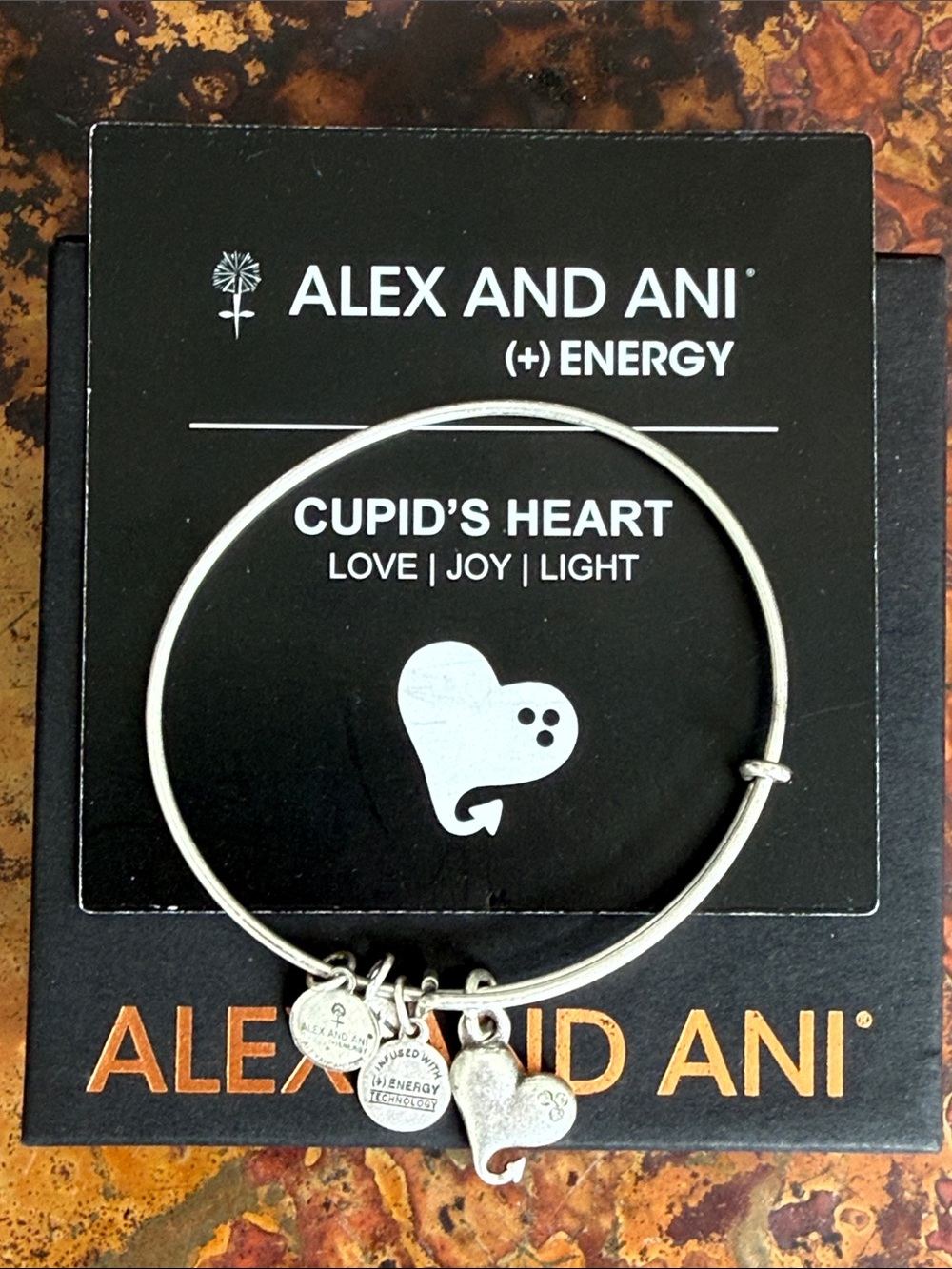 Alex and Ani Silver Cupid’s Heart Charm w/ 6 Crystals Expandable Bangle Bracelet